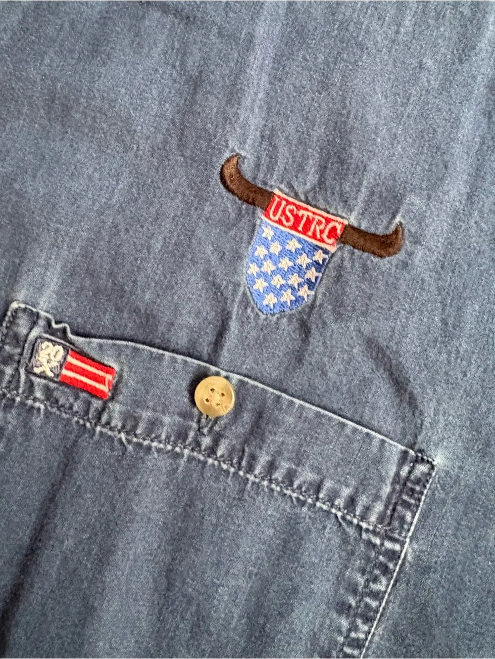 Vintage Twenty-X Wrangler Indigo Denim Rodeo Shirt Men's Large Embroidered Logos